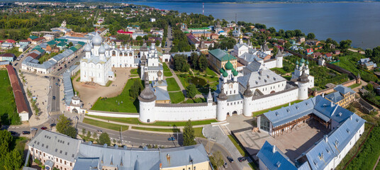 Panoramic aerial view of Rostov Kremlin on sunny summer day. Yaroslavl Oblast, Russia.