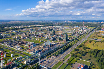 Aerial view of oil refinery on sunny summer day. Yaroslavl Oblast, Russia.