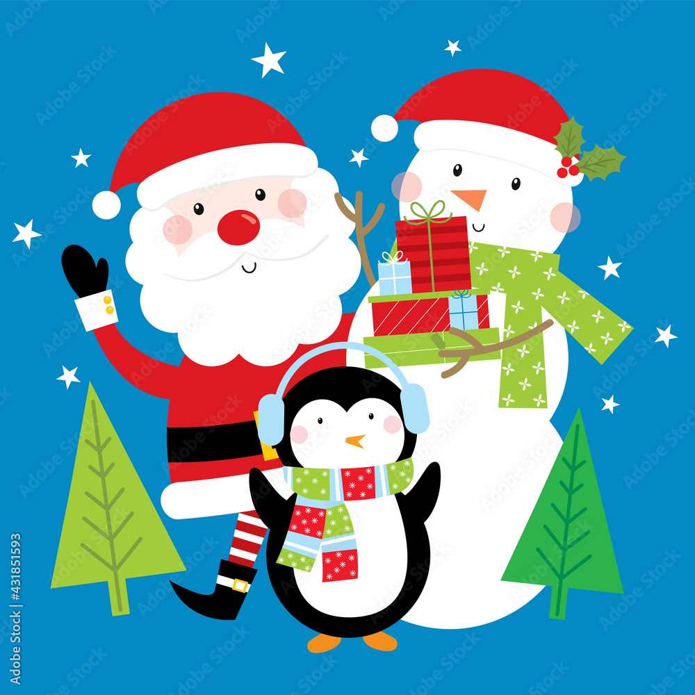 Wall mural santa claus, penguin and snowman christmas greeting card design