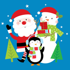 santa claus, penguin and snowman christmas greeting card design