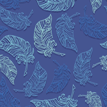 Seamless pattern with feathers.  Vector illustration for designing posters, cards, prints, stickers, wallpaper, fabric, textile, gift paper, scrapbooking 