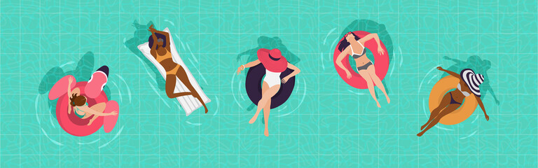 Young girls floating on inflatable rings and air mattresses in blue pool water. Top aerial view. Vector banner, poster illustration design.