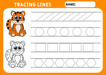 Trace line worksheet for kids. Basic writing. Working pages for children. Preschool or kindergarten worksheet. Trace the pattern. Illustration and vector outline - A4 paper ready to print. tiger 