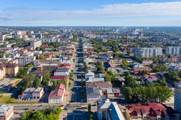 Obraz premium Aerial view of Sovetsky prospect on sunny summer day. Cherepovets, Vologda Oblast, Russia.