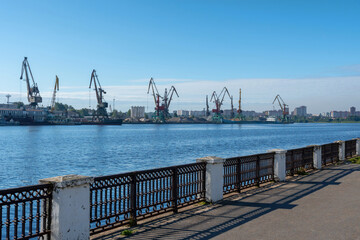 View of riever port on sunny summer day. Cherepovets, Vologda Oblast, Russia.