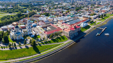 Panoramic aerial view of Rybinsk town on sunny summer day. Yaroslavl Oblast, Russia.