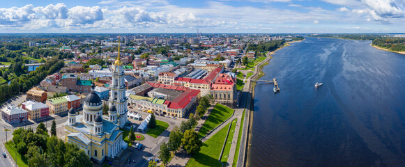 Panoramic view of Rybinsk and Volga river on sunny summer day. Yaroslavl Oblast, Russia.