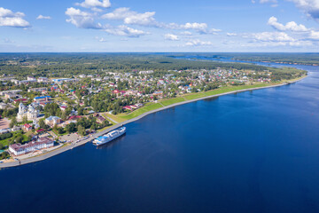 Fototapeta na wymiar Aerial view of Myshkin town and Volga river on sunny summer day. Yaroslavl Oblast, Russia.