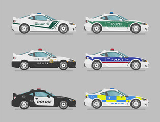 Ensemble de voitures de police isolées. Illustration plate, icône pour la conception graphique et web. Vue latérale sur fond gris. Traduction : policier.