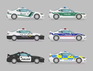 Photo sur Plexiglas Course de voitures Ensemble de voitures de police isolées. Illustration plate, icône pour la conception graphique et web. Vue latérale sur fond gris. Traduction : policier.