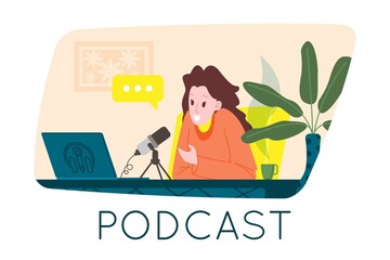 Podcast concept. Podcasting cartoon illustration. Podcaster speaking in microphone and recording audio podcast or online show. Radio presenter broadcasts on the radio. Vector flat illustration.