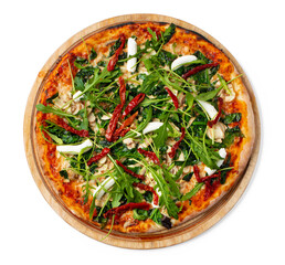 Fresh pizza on wooden board isolated on white