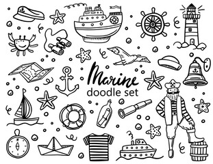 A set of simple marine illustrations. Hand-drawn doodles. A set of sea icons. Ships, lighthouse, sea, waves, seagulls, palm trees, islands, beach holidays, anchor, fish, pirate.