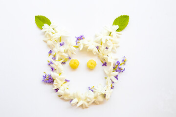 jasmine and purple flowers local flora of asia arrangement flat lay head animal postcard style on background white 