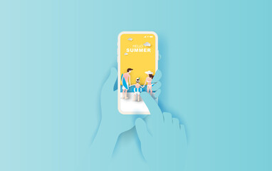 illustration of Hand holds smartphone with Hello summer application. Summer season with Rear view family happy concept. Creative design paper cut and craft on yellow pastel color background. Vector