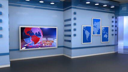 News Studio, Backdrop For TV Shows .TV On Wall.3D Virtual News Studio Background, 3d illustration