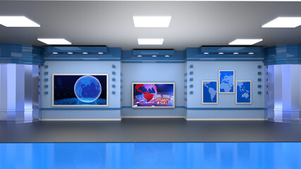 News Studio, Backdrop For TV Shows .TV On Wall.3D Virtual News Studio Background, 3d illustration
