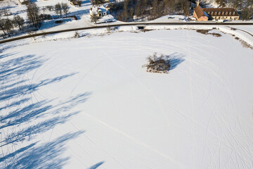 Aerial view of island in Edole village pond, Latvia.