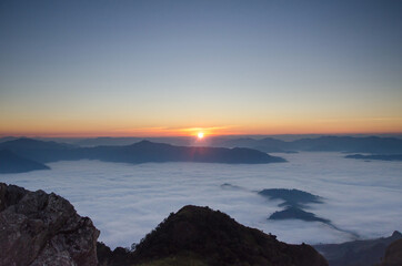 Fototapeta na wymiar Sunrise and sea of mist, Top view, Doiphamon, ChiangRai, Thailand.