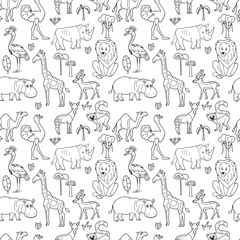Endless texture with cute funny animals living in South. Seamless pattern for kid design and coloring book.