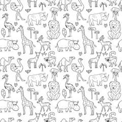 Fototapeta premium Endless texture with cute funny animals living in South. Seamless pattern for kid design and coloring book.