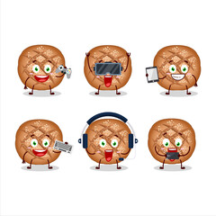 Round dark bread cartoon character are playing games with various cute emoticons