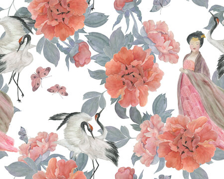 Watercolor painting chinese peones seamless pattern with cranes and asian girl