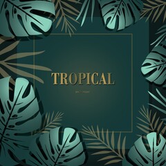 Vector tropical dark background with blue palm leaves casting shadow. Gold frame with a place for an inscription. Deciduous pattern for decoration, advertising, printing of paper products.