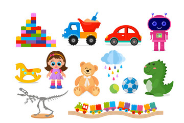 Fototapeta premium A large set of children's toys. Constructor, train, doll, cars, dinosaur skeleton, dragon, teddy bear and balls.