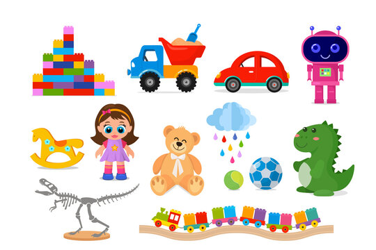 A large set of children's toys. Constructor, train, doll, cars, dinosaur skeleton, dragon, teddy bear and balls.