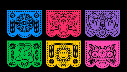 Vector horizontal banner with traditional Mexican flags for paper cutting. Various patterns
