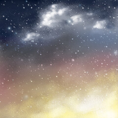 雪の降る夜空のリアルタッチイラスト　風景　背景
