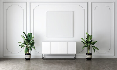 Modern cozy mock up and decoration furniture of living room and empty canvas on the white wall texture background, 3D rendering