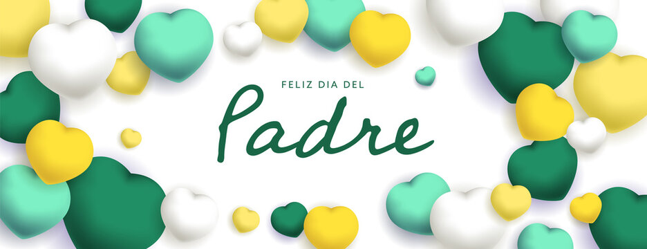 Feliz Dia Del Padre sous forme de carte ou bannière, poster ou flyer, avec des losanges et coeurs jaunes, vert et blancs