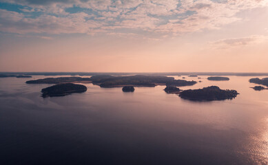 Aerial panorama of calm sunset view in Ruissalo, Turku, Finland.