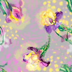 Obraz na płótnie Canvas Watercolor magic irises. Seamless pattern. Design for wallpaper, covers, wrapping paper, packaging, fabric.