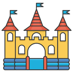 Bouncy inflatable castle. Tower and equipment for child playground. Vector line illustration