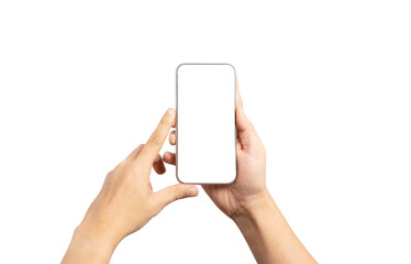 Isolation of Hand holding blank screen frame of smartphone or mobile phone for mockup advertisement and social media , business technology concept and add clipping path.