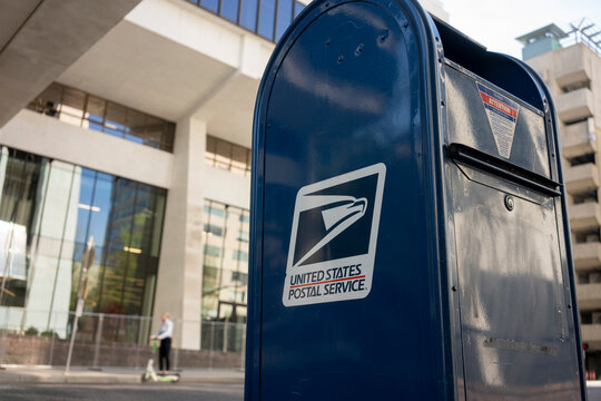 Portland, OR, USA - Apr 18, 2021: Closeup of a USPS mailbox in downtown Portland, Oregon.