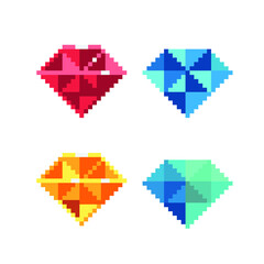 Precious stone pixel art icons set. Diamond, sapphire, topaz, ruby and emerald gemstone. Isolated vector illustration. Game assets 8-bit sprite. Design stickers, logo for jewelry store, mobile app.