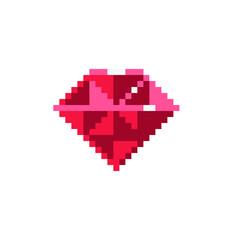 Obraz premium Ruby faceted precious stone pixel art icon. Isolated vector illustaration. Game assets 8-bit sprite. Design stickers, logo, mobile app.