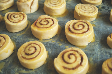 Blanks for baking cinnamon rolls on baking sheet with parchment paper.