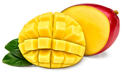 fresh sliced mango with green leaves isolated on white background. exotic fruit. clipping path