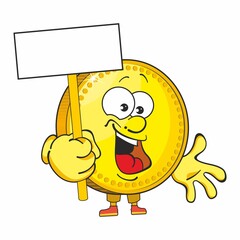 Gold coin, cute cartoon emoticon mascot. Golden Coin Cartoon Character For Business And Finance Concepts.