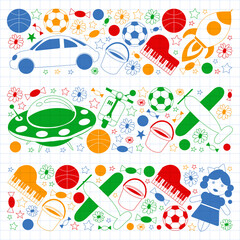 Kindergarten pattern with little children and toys. Creativity and imagination.