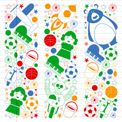 Kindergarten pattern with little children and toys. Creativity and imagination.