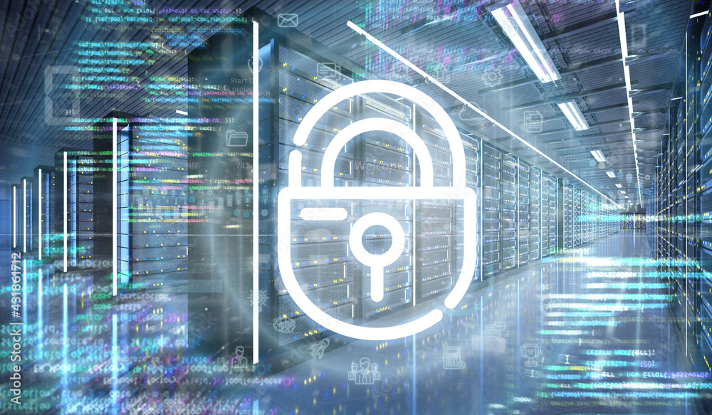 Poster digital locker icon in a server room data center - 3d rendering