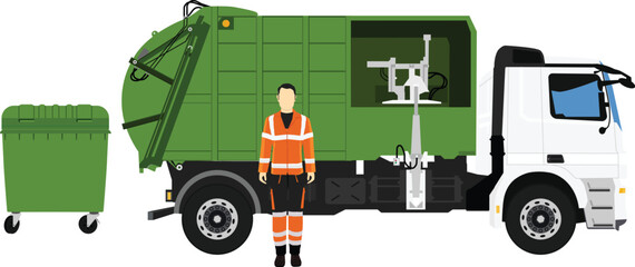 Garbage truck and sanitation worker. Vector illustration