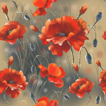 Seamless pattern with red poppy flowers on a natural background of meadow grass. Digital illustration.