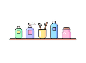 Bathroom accessories vector icon set Personal hygiene supplies Flat line outline trendy color design Sanitary care signs
